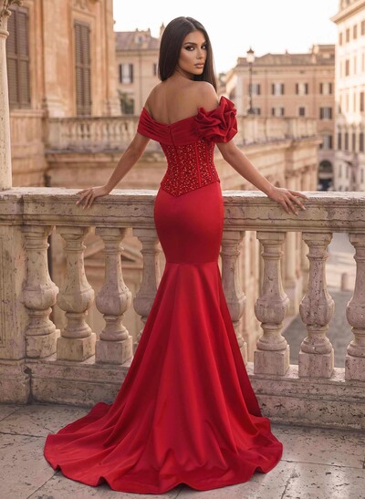 Trumpet/Mermaid Off-The-Shoulder Sleeveless Sweep Train Sequined Prom Dresses