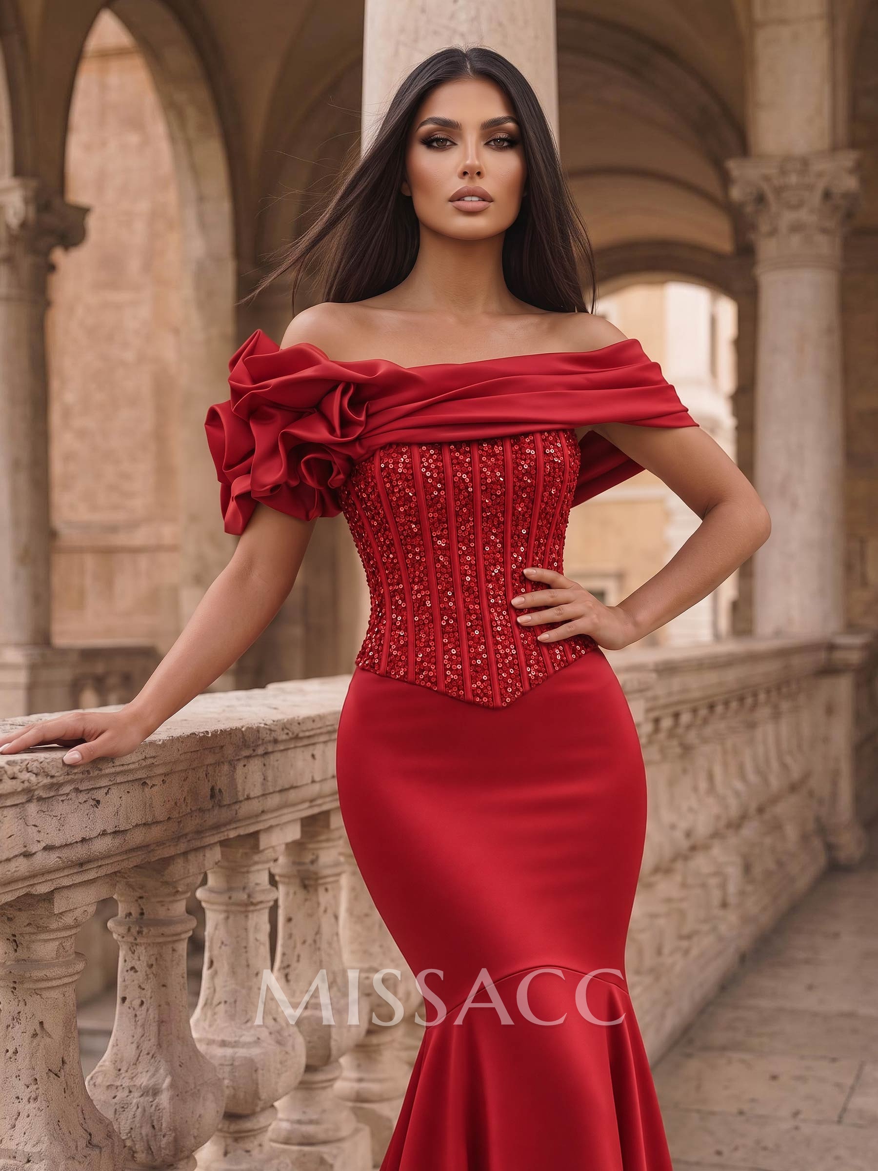 Trumpet/Mermaid Off-The-Shoulder Sleeveless Sweep Train Sequined Prom Dresses