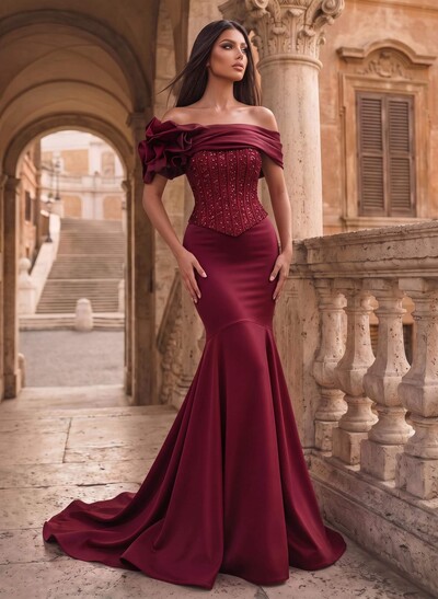 Trumpet/Mermaid Off-The-Shoulder Sleeveless Sweep Train Sequined Prom Dresses