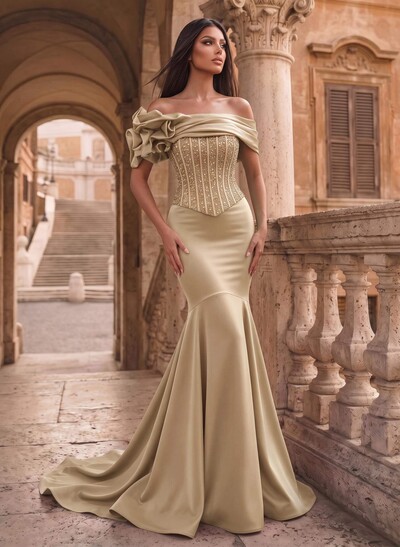 Sequinned Mermaid Off-The-Shoulder Sleeveless Formal Dresses With Sweep Train