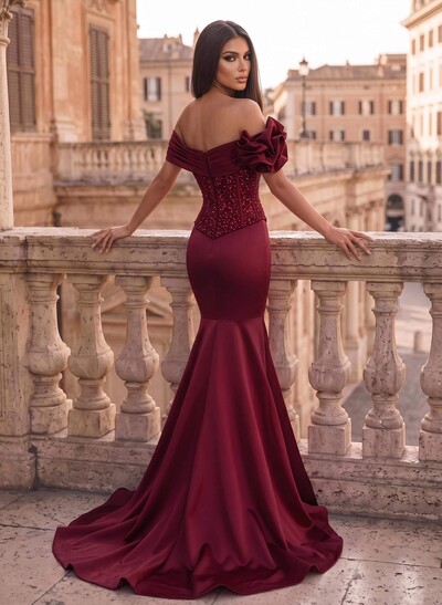 Trumpet/Mermaid Off-The-Shoulder Sleeveless Sweep Train Sequined Prom Dresses