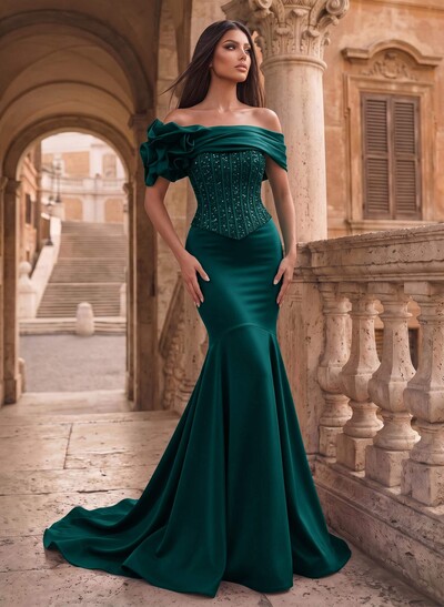 Trumpet/Mermaid Off-The-Shoulder Sleeveless Sweep Train Sequined Prom Dresses