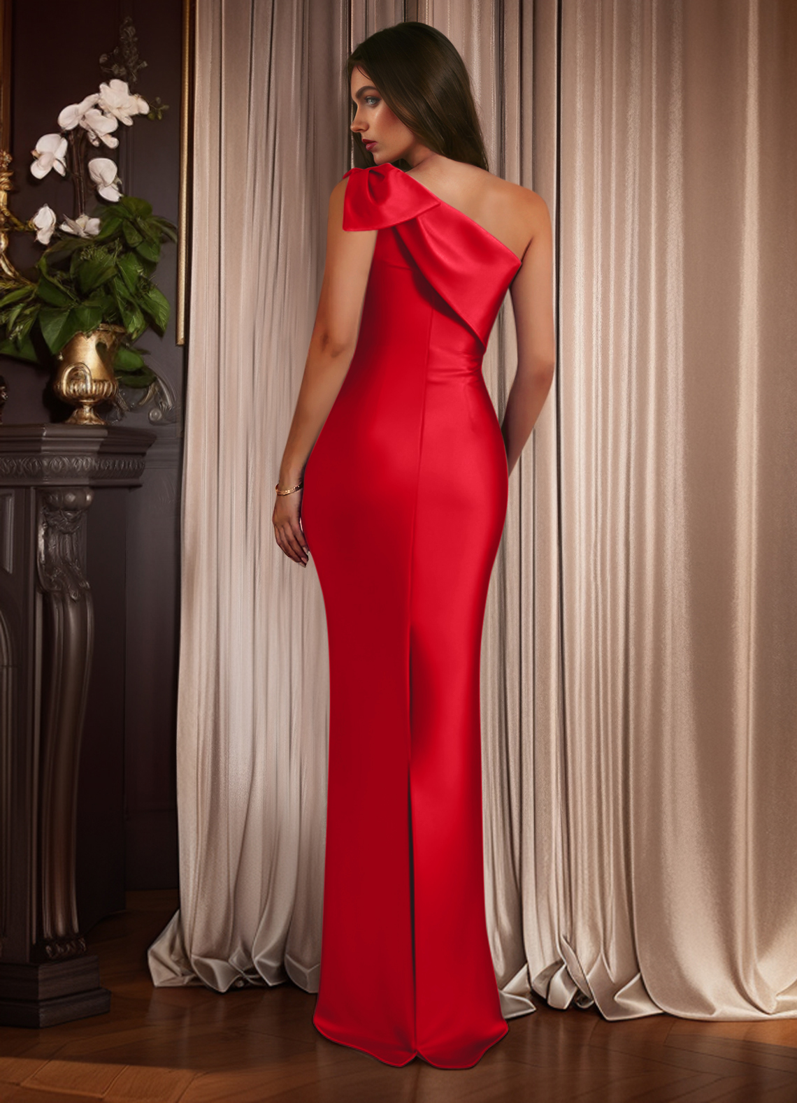 Sheath/Column One-Shoulder Sleeveless Satin Prom Dresses With Bow(s)