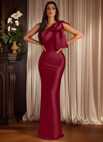 Sheath/Column One-Shoulder Sleeveless Satin Prom Dresses With Bow(s)