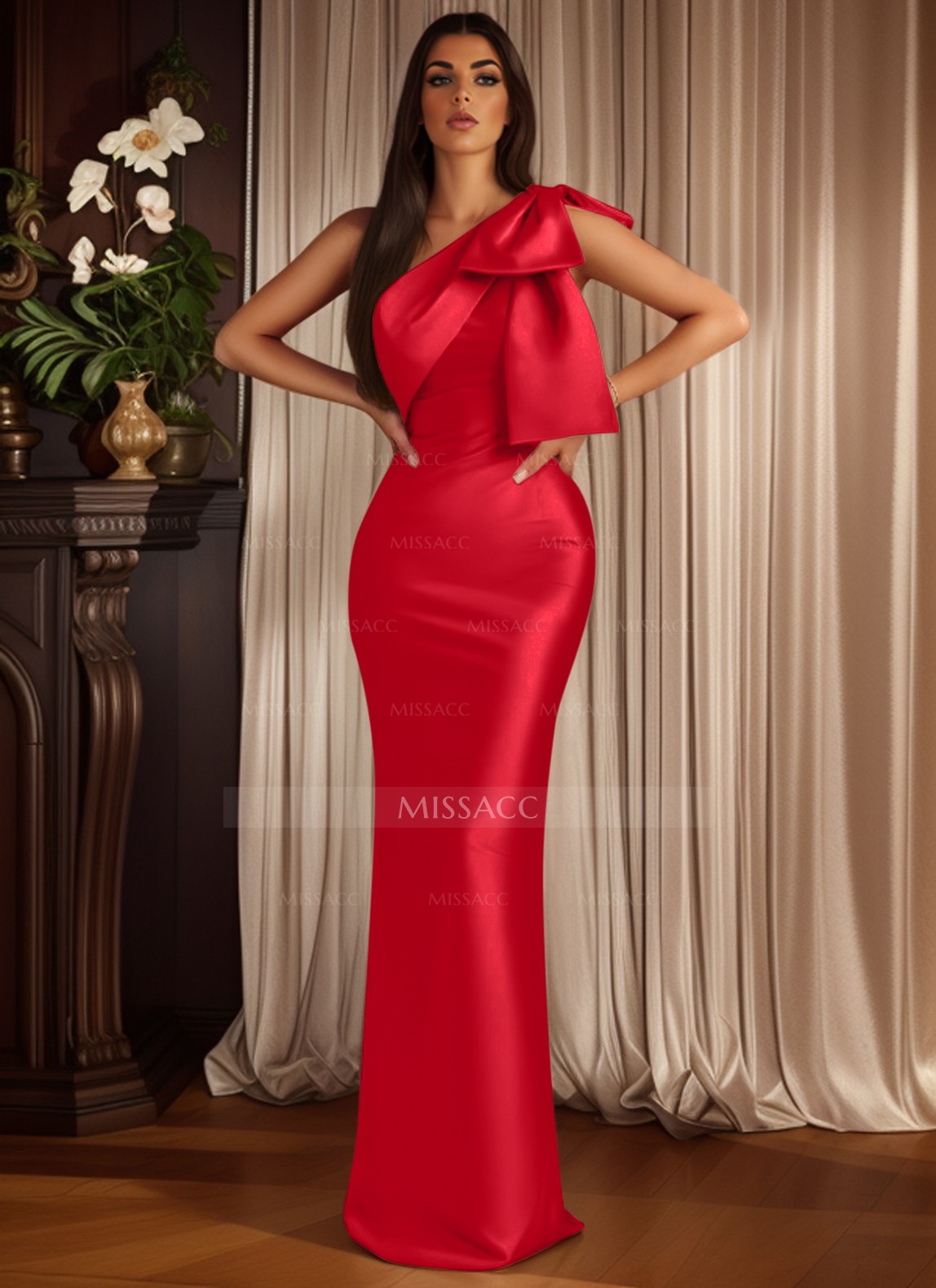 Sheath/Column One-Shoulder Sleeveless Satin Prom Dresses With Bow(s)