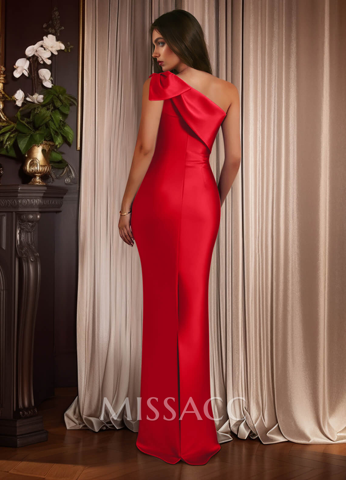 Sheath/Column One-Shoulder Sleeveless Satin Prom Dresses With Bow(s)