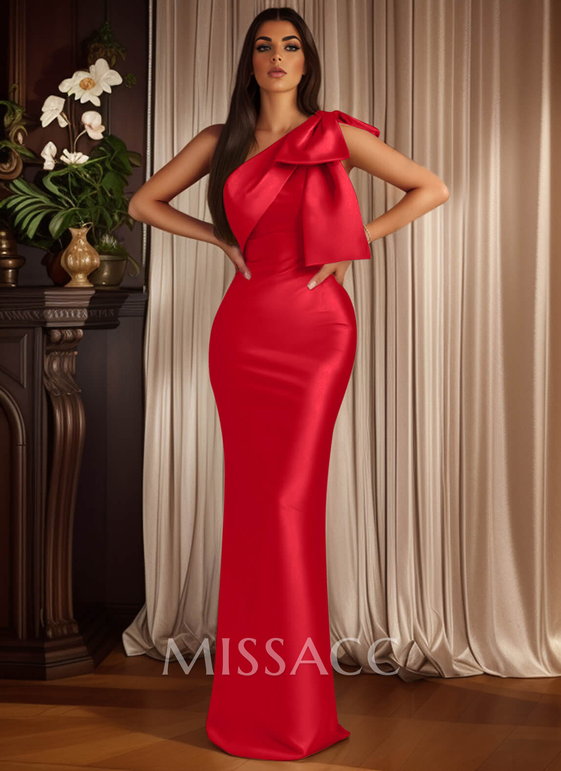 Sheath/Column One-Shoulder Sleeveless Satin Prom Dresses With Bow(s)