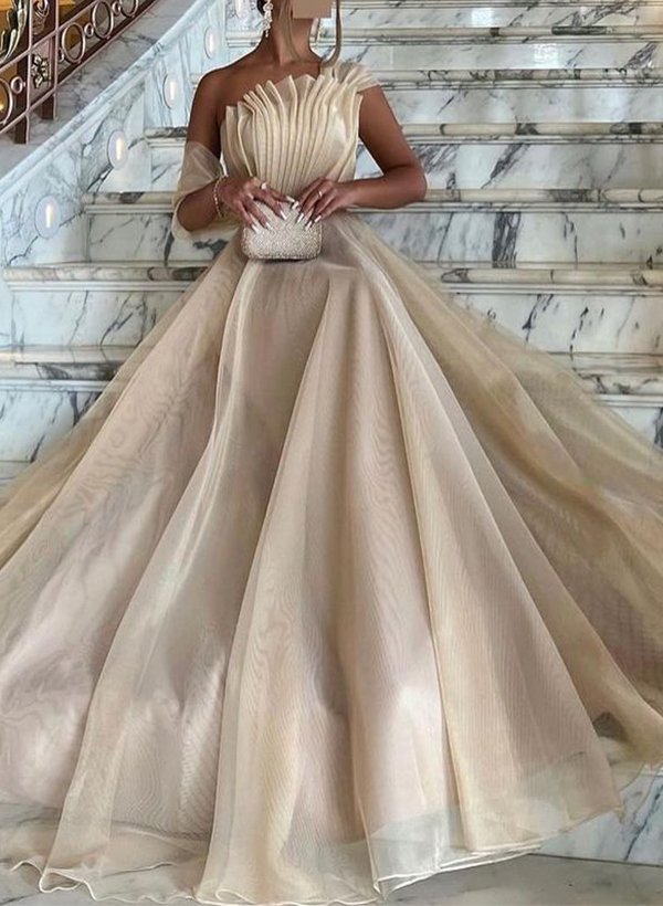 A-Line Asymmetrical Sleeveless Floor-Length Tulle Evening Dresses
