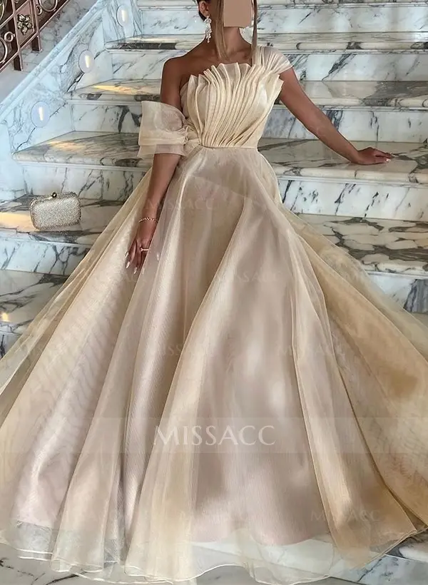 Missacc Champagne Prom Dresses A-Line Asymmetrical Sleeveless Floor-Length Organza/Charmeuse Prom Dresses