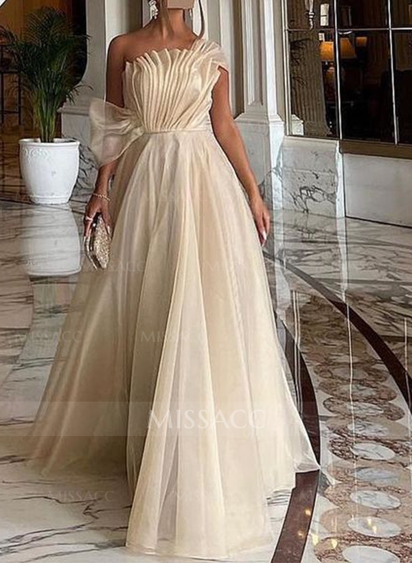 A-Line Asymmetrical Sleeveless Floor-Length Organza/Charmeuse Prom Dresses