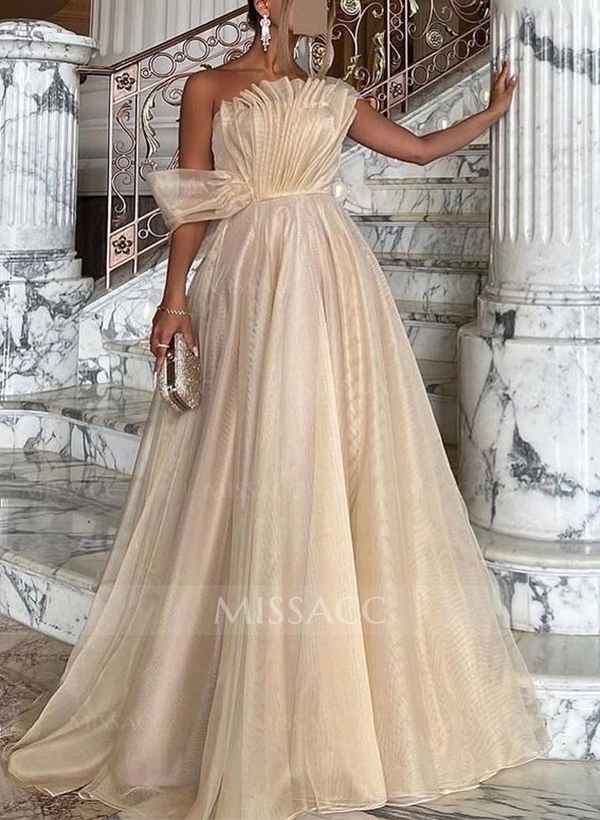 A-Line Asymmetrical Sleeveless Floor-Length Organza/Charmeuse Prom Dresses