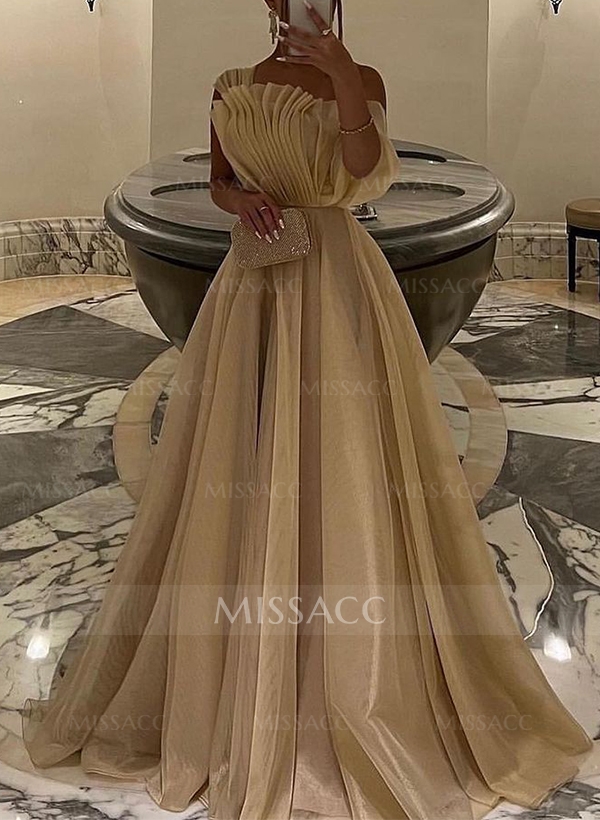 A-Line Asymmetrical Sleeveless Floor-Length Organza/Charmeuse Prom Dresses