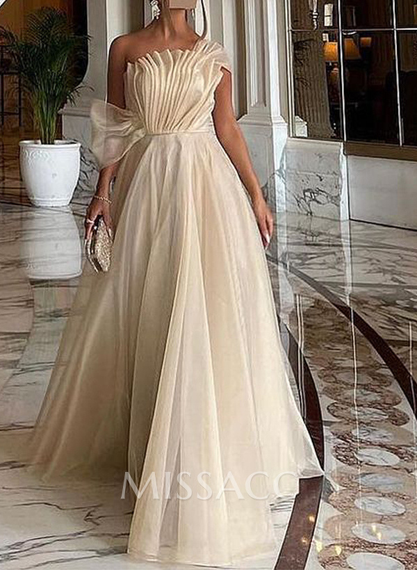 A-Line Asymmetrical Sleeveless Floor-Length Organza/Charmeuse Prom Dresses A-Line Asymmetrical Sleeveless Floor-Length Organza/Charmeuse Prom Dresses