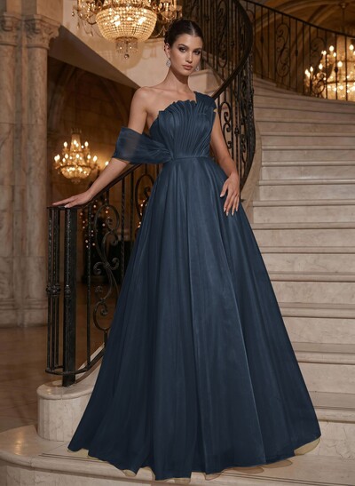 A-Line Asymmetrical Sleeveless Floor-Length Organza/Satin Prom Dresses