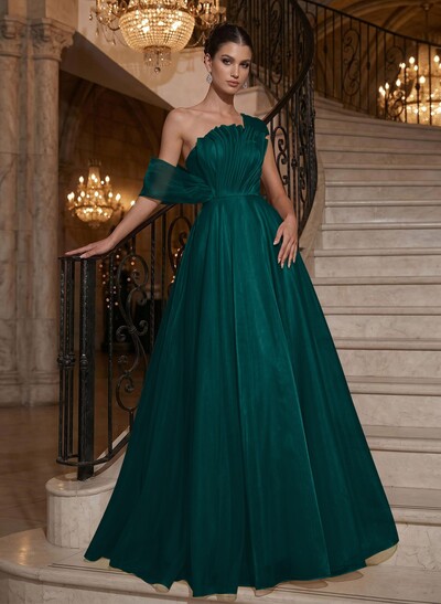 A-Line Asymmetrical Sleeveless Floor-Length Organza/Satin Prom Dresses