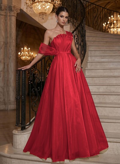 A-Line Asymmetrical Sleeveless Floor-Length Organza/Satin Prom Dresses