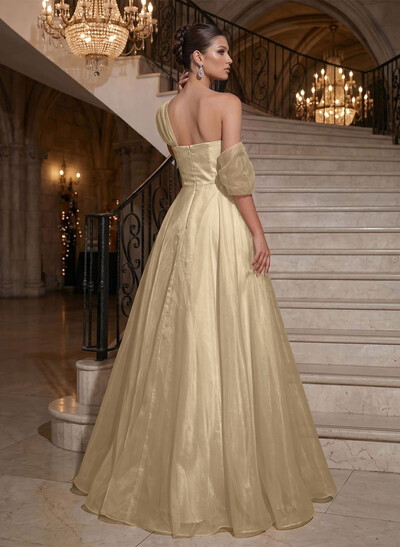 A-Line Asymmetrical Sleeveless Floor-Length Organza/Satin Prom Dresses