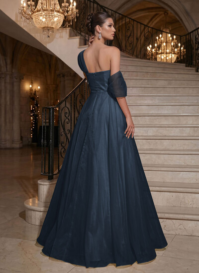 A-Line Asymmetrical Sleeveless Floor-Length Organza/Satin Prom Dresses