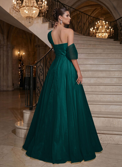 A-Line Asymmetrical Sleeveless Floor-Length Organza/Satin Prom Dresses