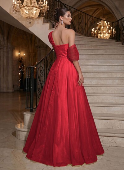 A-Line Asymmetrical Sleeveless Floor-Length Organza/Satin Prom Dresses