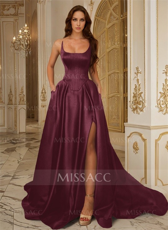 Vestidos De Fiesta De Satén Sin Mangas Con Escote Cuadrado Y Bolsillos