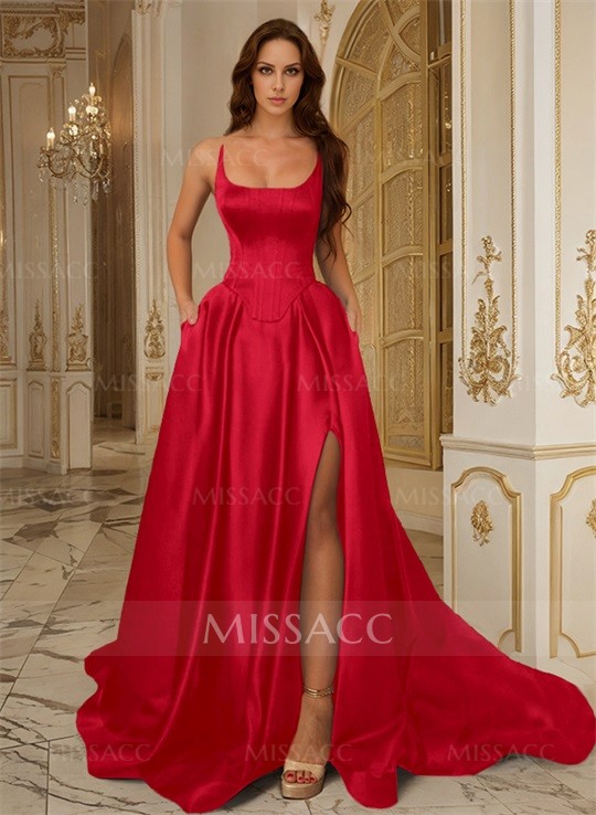 A-Line Square Neckline Sleeveless Satin Prom Dresses With Pockets