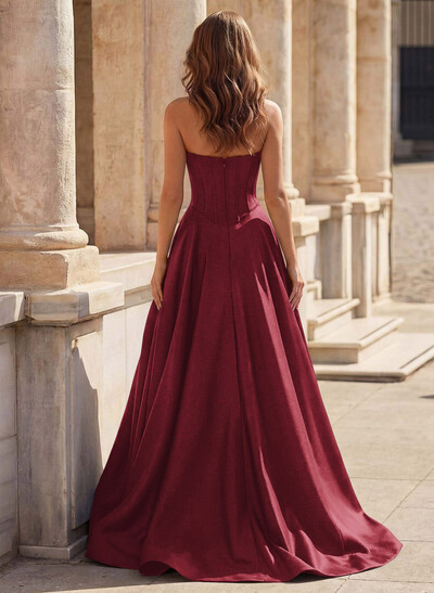 A-Line Square Neckline Sleeveless Satin Prom Dresses With Pockets