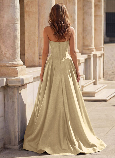 A-Line Square Neckline Sleeveless Satin Prom Dresses With Pockets