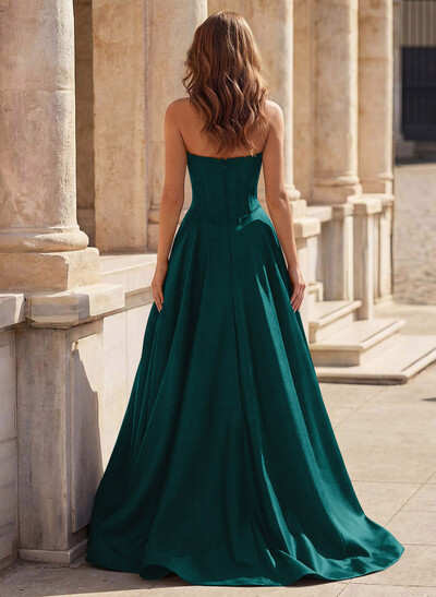 A-Line Square Neckline Sleeveless Satin Prom Dresses With Pockets