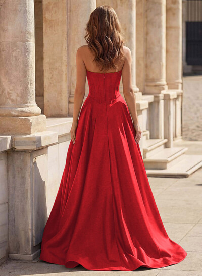 A-Line Square Neckline Sleeveless Satin Prom Dresses With Pockets