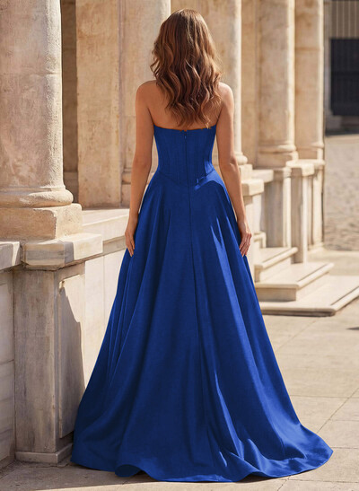 A-Line Square Neckline Sleeveless Satin Prom Dresses With Pockets