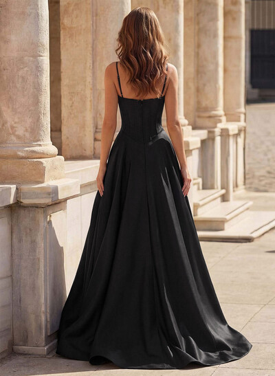 A-Line Square Neckline Sleeveless Satin Prom Dresses With Pockets