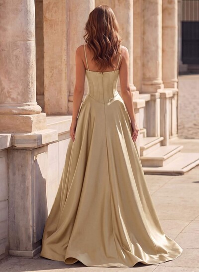 A-Line Square Neckline Sleeveless Satin Prom Dresses With Pockets