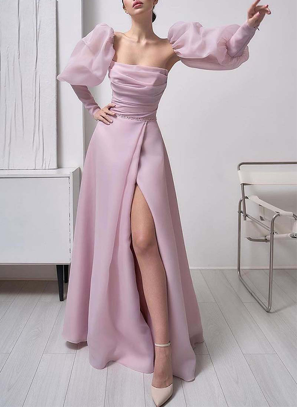 A-Line Square Neckline Long Sleeve Organza Prom Dresses With Split Front
