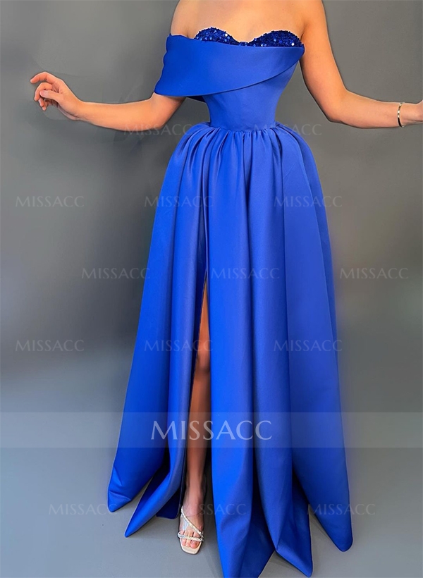 A-Line Off-The-Shoulder Sleeveless Sequined Prom Dresses With Split Front