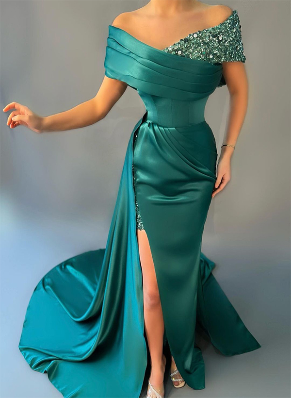 Sheath/Column Off-The-Shoulder Sequined Prom Dresses With Split Front