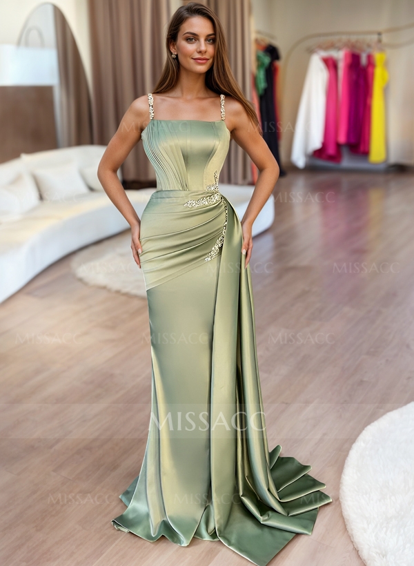 Sheath/Column Square Neckline Soft Satin Prom Dresses With Rhinestone