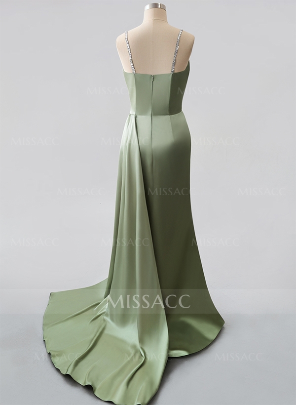 Sheath/Column Square Neckline Soft Satin Prom Dresses With Rhinestone