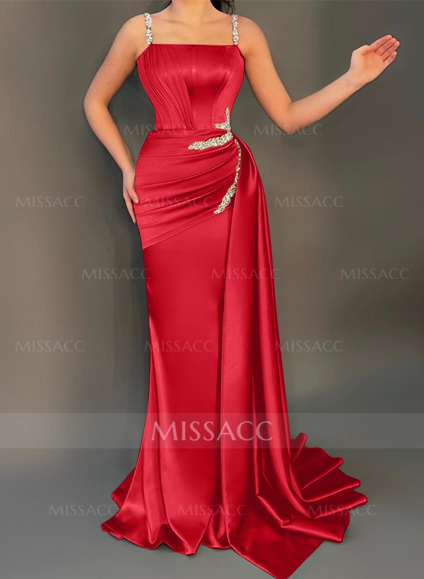 Sheath/Column Square Neckline Soft Satin Prom Dresses With Rhinestone