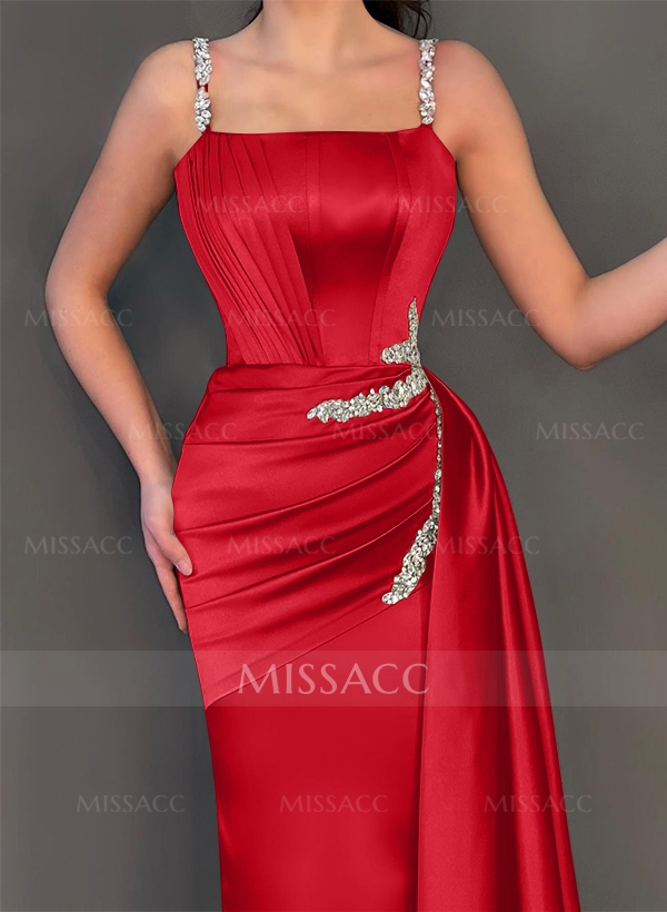 Sheath/Column Square Neckline Soft Satin Prom Dresses With Rhinestone