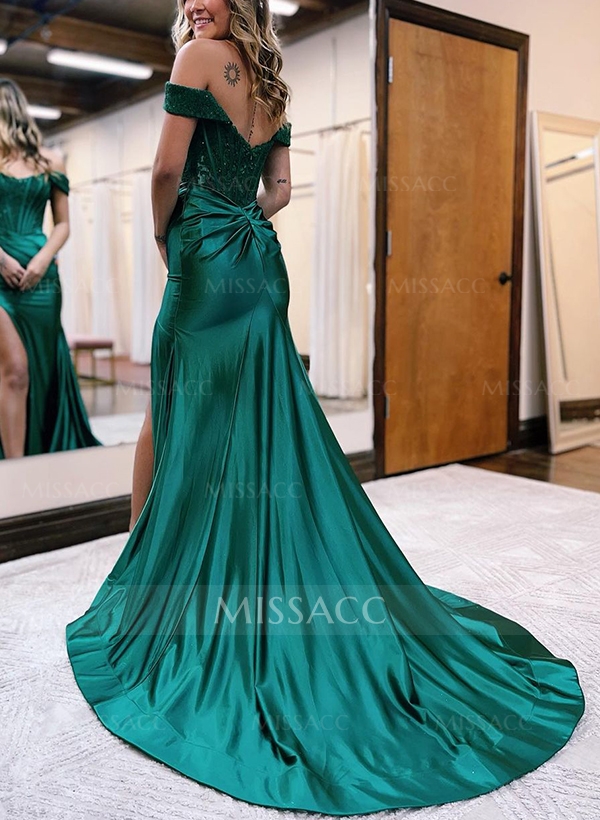 Sheath/Column Off-The-Shoulder Silk Like Satin Prom Dresses With Split Front