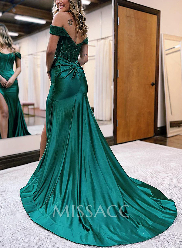 Sheath/Column Off-The-Shoulder Silk Like Satin Prom Dresses With Split Front Sheath/Column Off-The-Shoulder Silk Like Satin Prom Dresses With Split Front