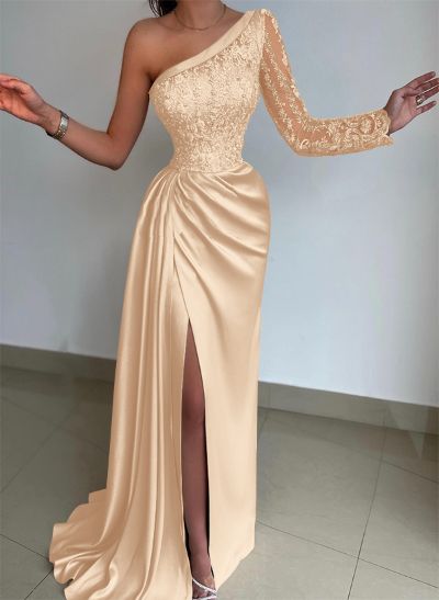 Sheath/Column One-Shoulder Long Sleeves Sweep Train Lace Prom Dresses