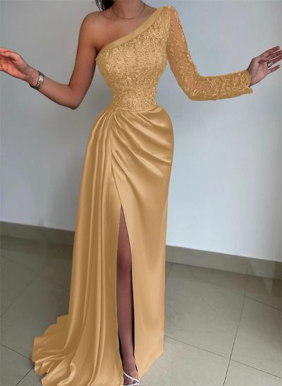 Sheath/Column One-Shoulder Long Sleeves Sweep Train Lace Prom Dresses