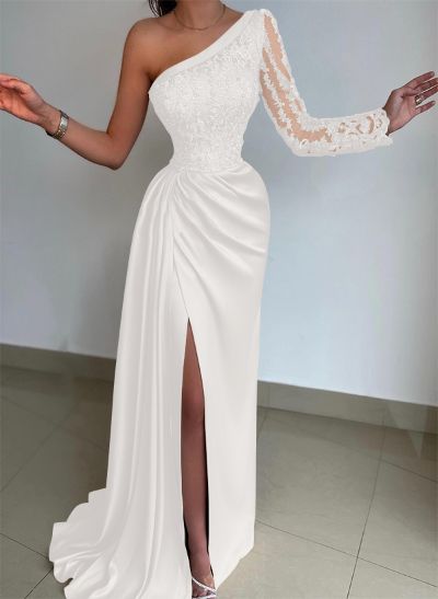 Sheath/Column One-Shoulder Long Sleeves Sweep Train Lace Prom Dresses