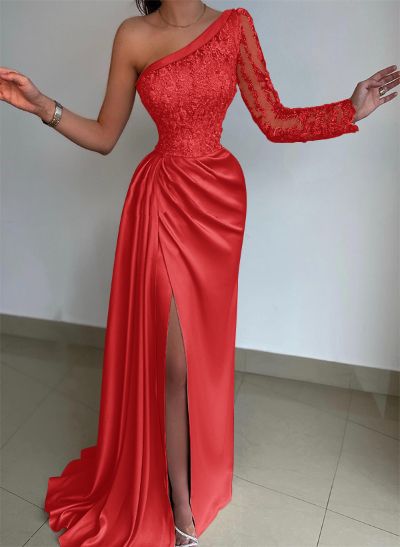 Sheath/Column One-Shoulder Long Sleeves Sweep Train Lace Prom Dresses