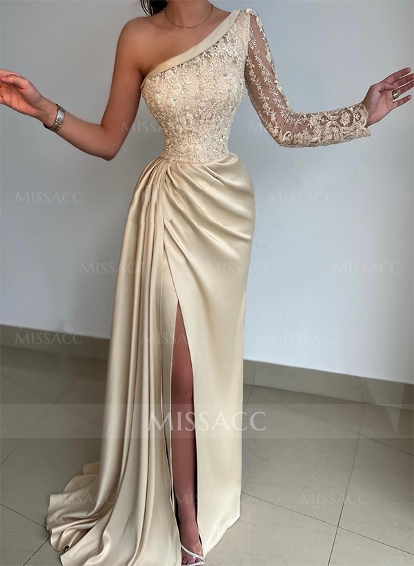 Sheath/Column One-Shoulder Long Sleeves Sweep Train Lace Prom Dresses