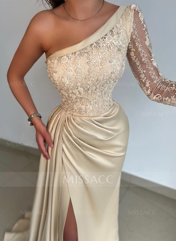 Sheath/Column One-Shoulder Long Sleeves Sweep Train Lace Prom Dresses