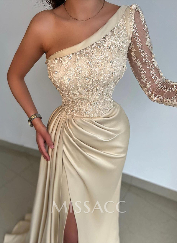 Sheath/Column One-Shoulder Long Sleeves Sweep Train Lace Prom Dresses