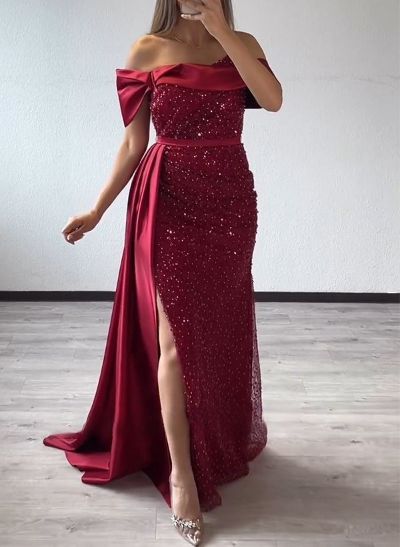Sheath/Column Asymmetrical Sequined Prom Dresses With Split Front